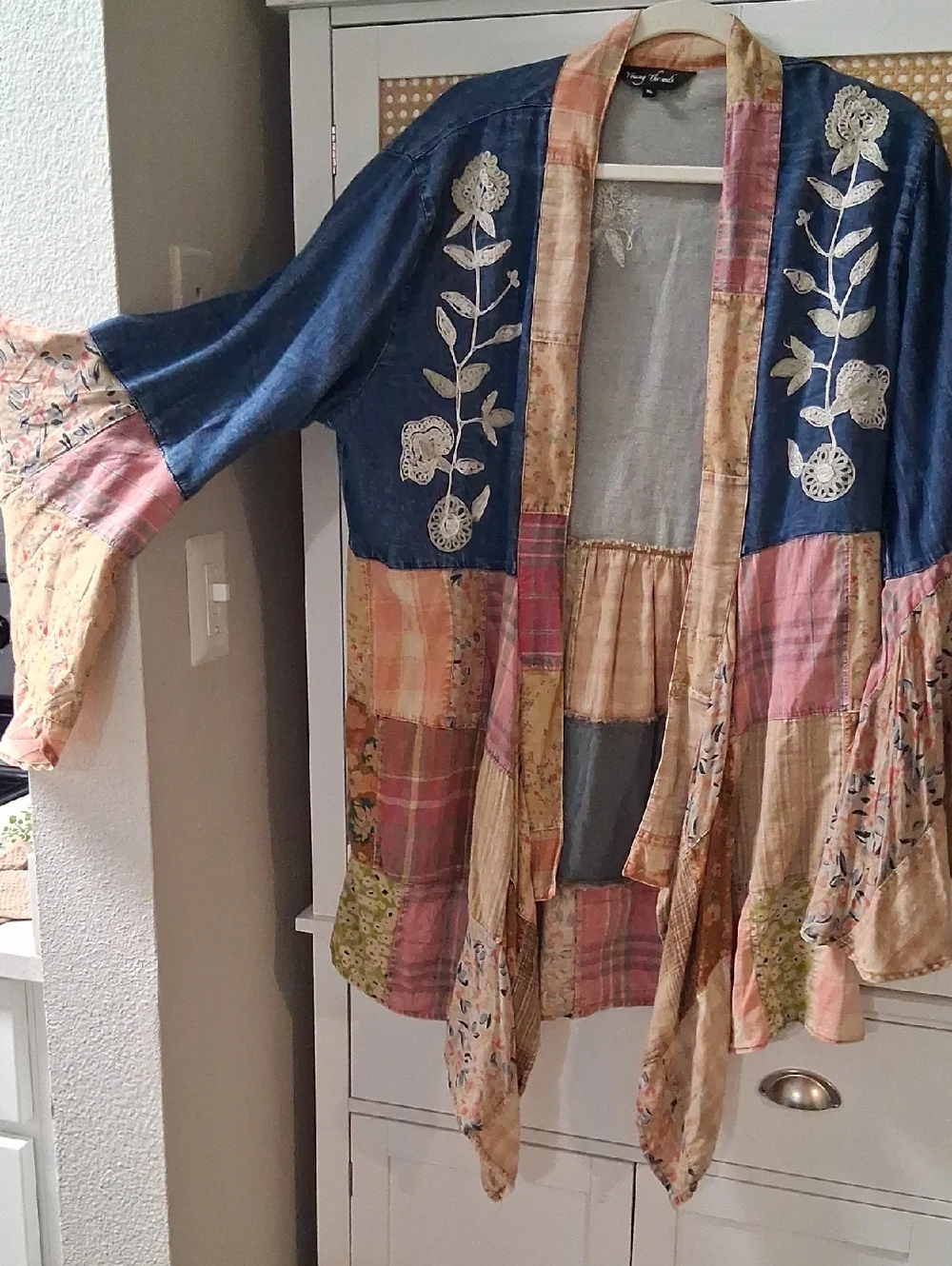 Patchwork Floral Embroidered Open Front Jacket - Blue & Pink - Picture 1 of 9